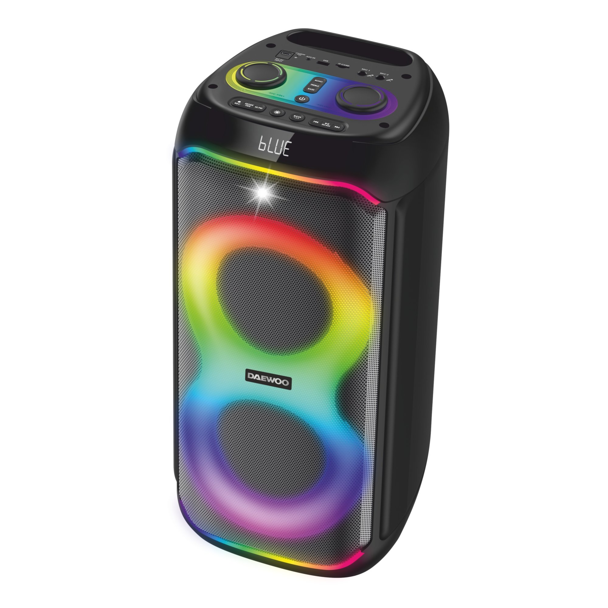 dps60_1.jpg Boxa Portabila Daewoo DPS60, 60W RMS, redare USB si card, telecomanda, microfon wireless, lumini LED, mod karaoke, conectare wireless, Negru - imagine 1