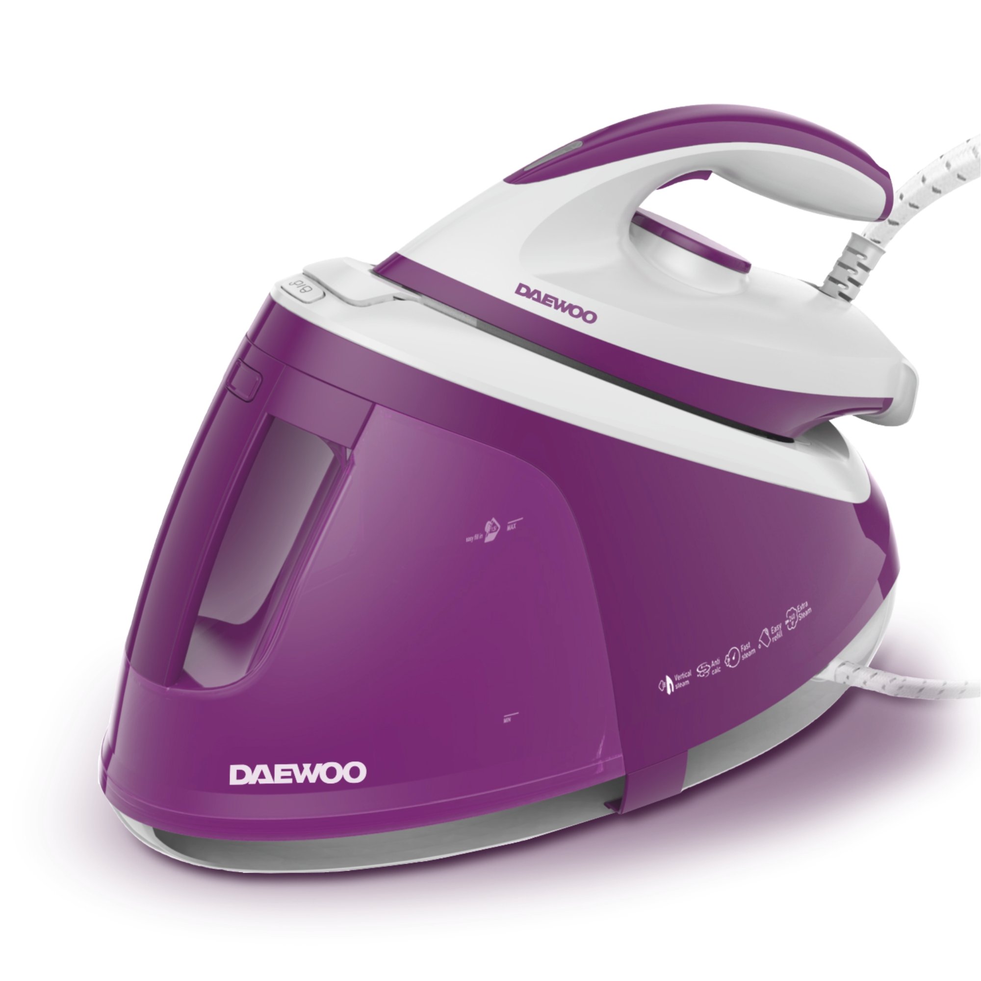 dss240_1.jpg Statie de calcat cu aburi Daewoo DSS240, 2400W, rezervor 1800 ml, talpa ceramica, jet abur 240 g/min, debit abur continuu 120 g/min, abur vertical, sistem anti-calcar, mod Eco, oprire automata, Violet - imagine 1